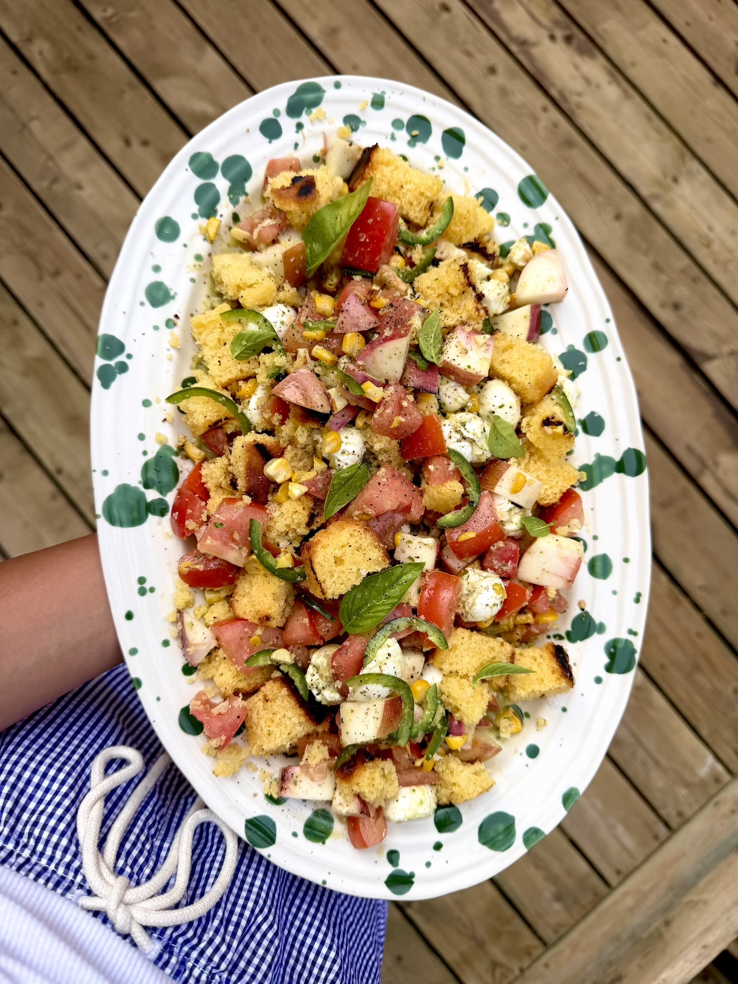 Grilled Cornbread Panzanella with Tomatoes, Nectarines & Jalapeño-Basil Vinaigrette